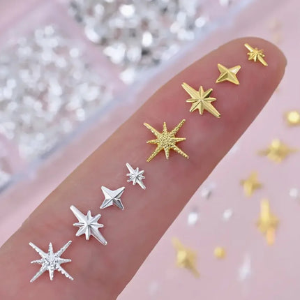 Golden & Silvery Metallic 3D Star Nail Art Charms and Gems - Mixed Styles for DIY Nail Decor, Hypoallergenic Manicure Jewelry2028