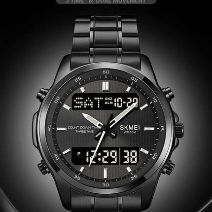 Skmei orologio da polso analogico al quarzo da uomo cinturino in acciaio inossidabile di lusso Led impermeabile digitale sportivo sveglia a tre fusi orari platinumshop