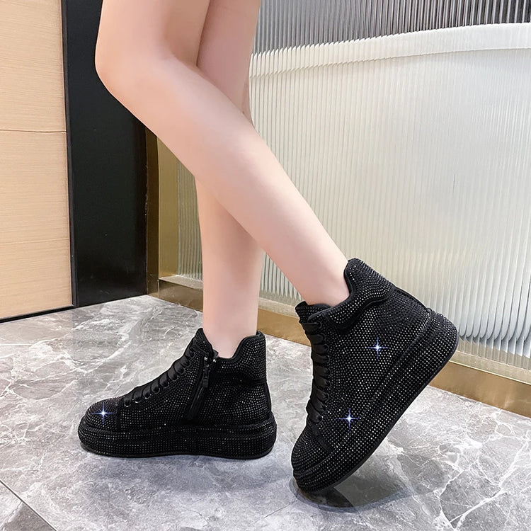Designer Platform Sneakers Full Diamond Luxury Shoes Versatile Flat Bottom High-top Casual Skateboard Shoes Zapatos De Mujer