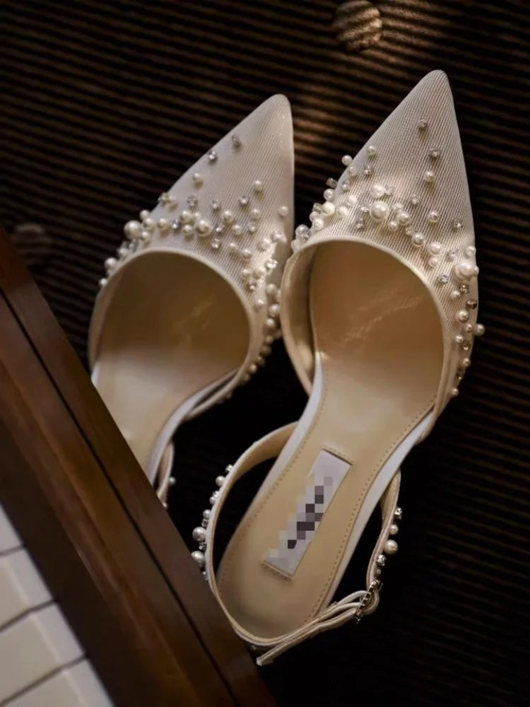 Spring and summer pointed toe shallow mouth pearl rhinestone mesh wedding shoes banquet dress stiletto high heel women's sandals