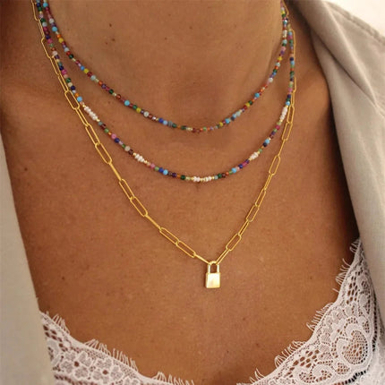 2023 Fashion Multilayer Boho Colorful Bead Chain Necklace For Women Female Crystal Water Drop Metal Letter Pendant Jewelry Gift PlatiNum
