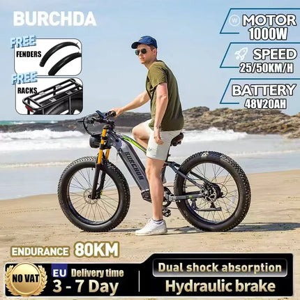 BURCHDA RX80 Bicicletta Elettrica da Montagna 1000W 50KM/H, Batteria al Litio 48V20AH, Pneumatici Fat 4.0 da 26 Pollici, E-Bike per Adulti