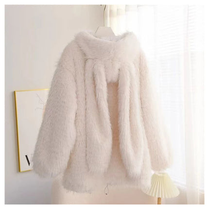 Cute rabbit ear lamb plush coat for women, 2024 autumn and winter new loose and thick hooded sweater, outerwear top