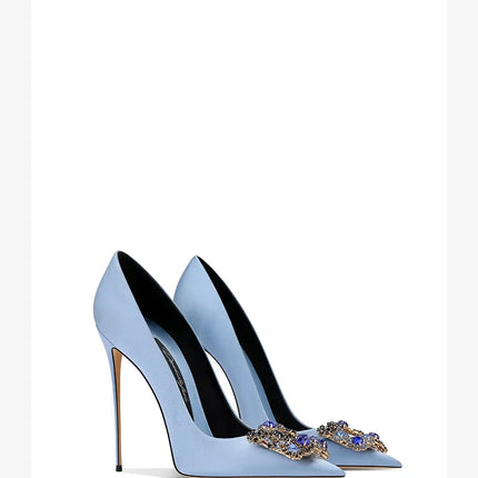 Nuove Scarpe da Donna Primavera-Autunno 2026, Tacchi Alti Blu con Punta Sottile, Strass e Fibbia Quadrata, Eleganti e alla Moda
