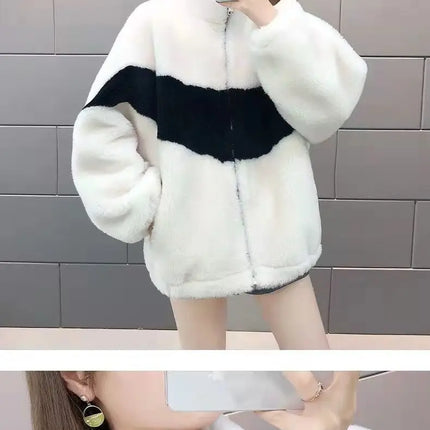 Warm Stand collar Faux fur Winter Jacket Female 2024 New Korean Loose Thick Lamb wool Coat Short Stitching Womens Parkas Outwear
