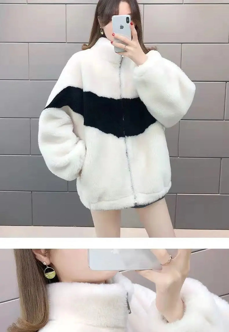 Warm Stand collar Faux fur Winter Jacket Female 2024 New Korean Loose Thick Lamb wool Coat Short Stitching Womens Parkas Outwear