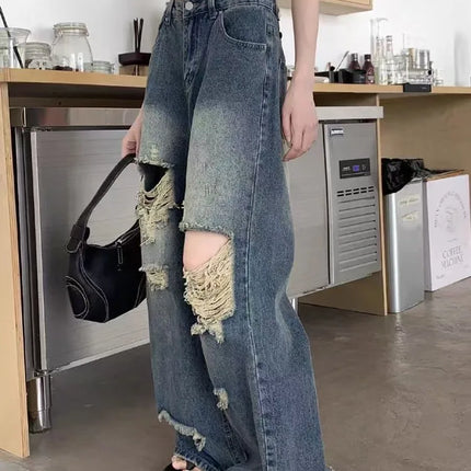 Pantaloni di jeans casual Jeans da donna Pantaloni dritti vintage Autunno Primavera Moda femminile Pantaloni a gamba larga blu Jeans con foro