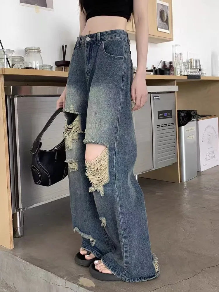 Pantaloni di jeans casual Jeans da donna Pantaloni dritti vintage Autunno Primavera Moda femminile Pantaloni a gamba larga blu Jeans con foro
