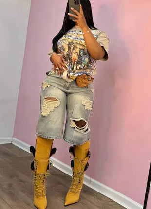 Europe America Summer New High-waisted Loose, Vintage, Ripped Denim Mid-length Straight-leg Wide-leg Pants. Casual Denim Shorts PlatiNum