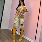 Europe America Summer New High-waisted Loose, Vintage, Ripped Denim Mid-length Straight-leg Wide-leg Pants. Casual Denim Shorts PlatiNum