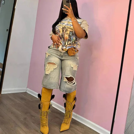Europe America Summer New High-waisted Loose, Vintage, Ripped Denim Mid-length Straight-leg Wide-leg Pants. Casual Denim Shorts PlatiNum