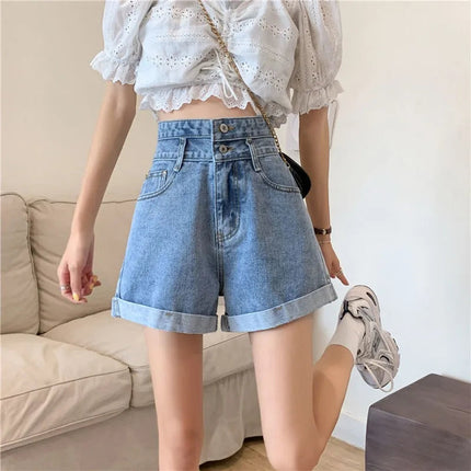 Women's summer thin denim shorts with loose fit high waist slimming effect wide legs and rolled edge hot pants for outerwear PlatiNum