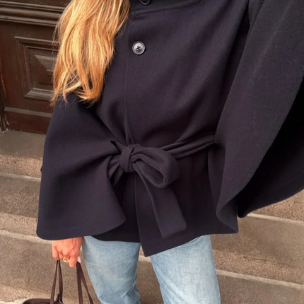 Elegant Women's Belt Short Woolen Coats Loose Stand Collar Single-breasted Long Sleeve Jacket 2026 Autumn Lady Commute Outwear