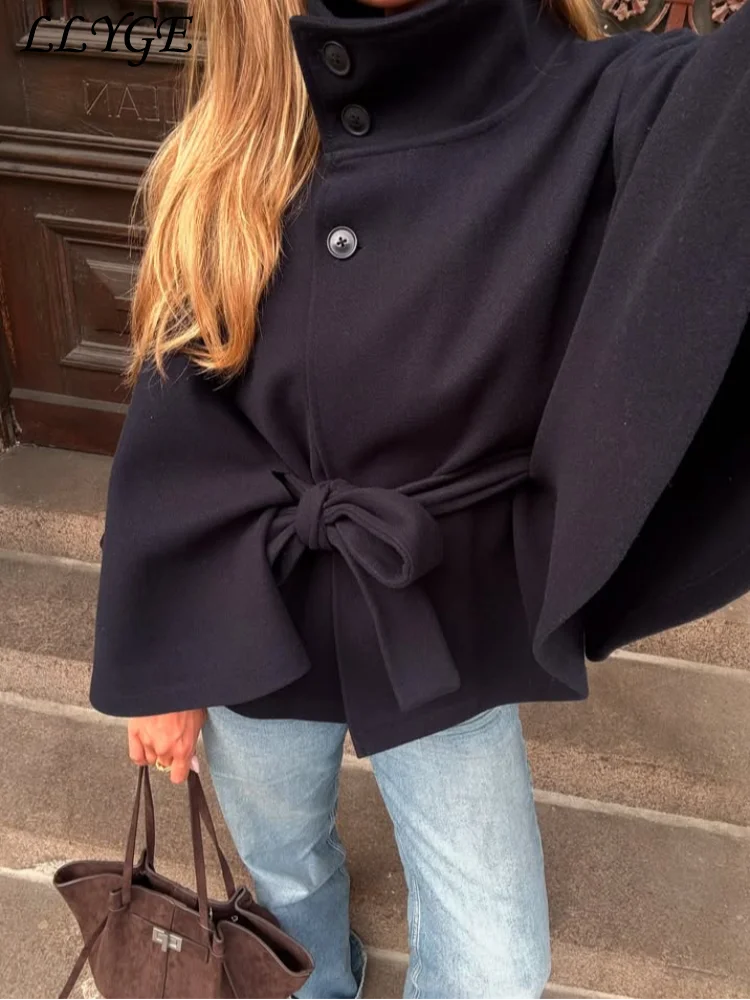 Elegant Women's Belt Short Woolen Coats Loose Stand Collar Single-breasted Long Sleeve Jacket 2026 Autumn Lady Commute Outwear