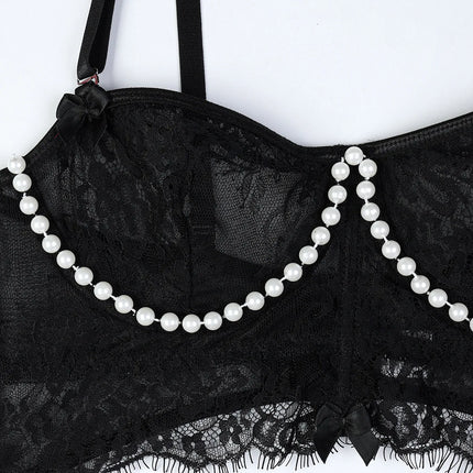 Sexy Erotic Womens Western Style Handmade Pearl 4 Piece Set Sensual See Through Lace Alluring Bowknot Attractive Breathable Set