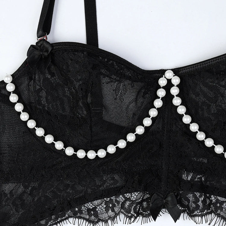 Sexy Erotic Womens Western Style Handmade Pearl 4 Piece Set Sensual See Through Lace Alluring Bowknot Attractive Breathable Set