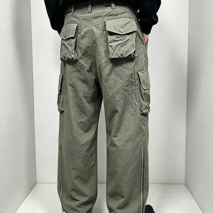 Men's Multi Pocket Cargo Pants Vintage 100% Cotton Loose Straight Tactical Pants Zippered Ankle Cuffs Work Streetwear Trousers