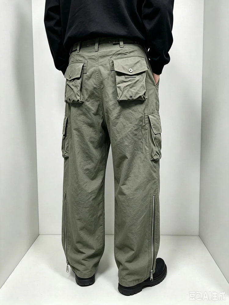 Men's Multi Pocket Cargo Pants Vintage 100% Cotton Loose Straight Tactical Pants Zippered Ankle Cuffs Work Streetwear Trousers