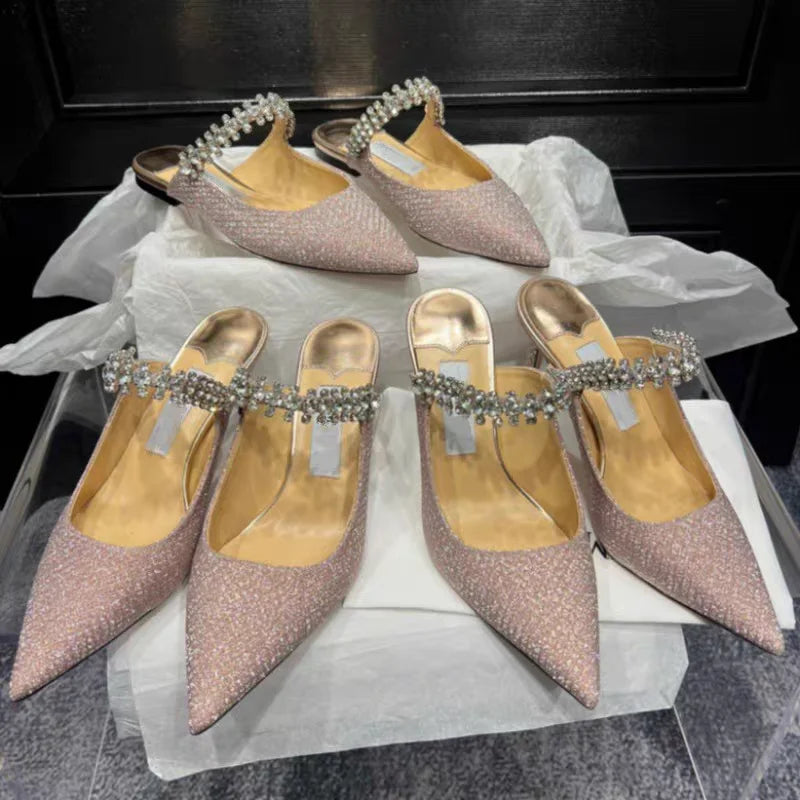 European and American Women Slippers 2025 Summer New Rhinestone High Heels Pointed Temperament Muller Shoes