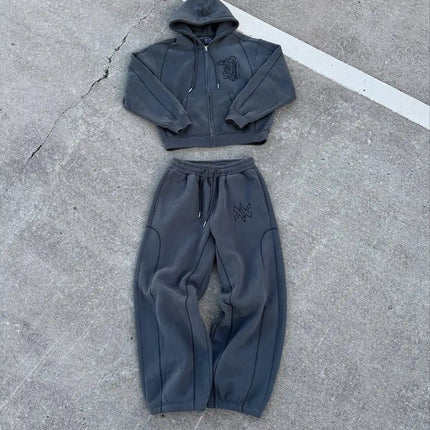 American Y2K Casual Zipper Hoodie Sweatpant Two Piece Set HipHop Oversized Embroidery Sweatshirts Men Women Casual Pants PlatiNum