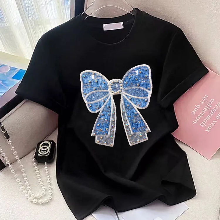 T-shirt da donna a maniche corte girocollo casual con stampa cartoon, oversize, stile Y2K, patchwork, con strass, moda estiva