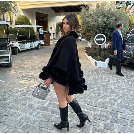 Luxury Women Faux Fur Trim Cape Coat Loose Batwing Poncho Shawl Fuzzy Fur Edge Warm Winter Outerwear Party Street Lady Coats