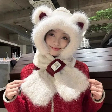 Women's Hat Beanie Balaclava Winter Cap Winter Women's Cute Thickened Fox Plush Hat Scarf Glove Three-in-one Cycling Warmth