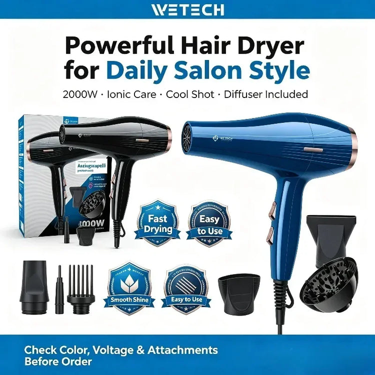 WETECH 2000W High Power Professional Hair Dryer Negative Ion Care Blow Dryer Cool Shot Function With Concentrator Nozzle Diffuser Salon Household Travel Hair Styling Tool Adjustable Heat And Speed 100‑240V Universal Voltage