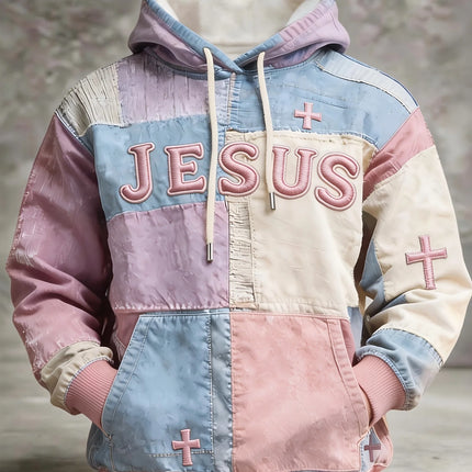 Mens Multi Color Patchwork Hoodie Soft Lined Raised Embroidery Slogan Small Cross Accent Minimal Casual Sweat Top