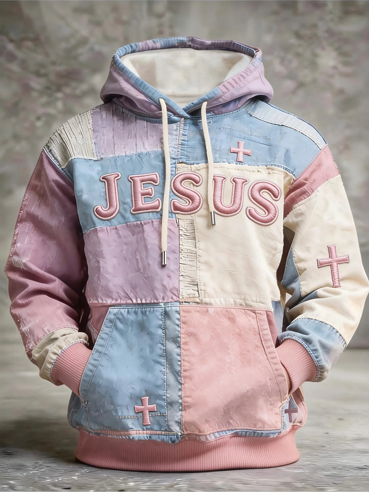 Mens Multi Color Patchwork Hoodie Soft Lined Raised Embroidery Slogan Small Cross Accent Minimal Casual Sweat Top