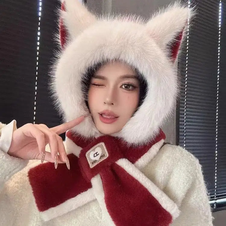 Women's Hat Beanie Balaclava Winter Cap Winter Women's Cute Thickened Fox Plush Hat Scarf Glove Three-in-one Cycling Warmth