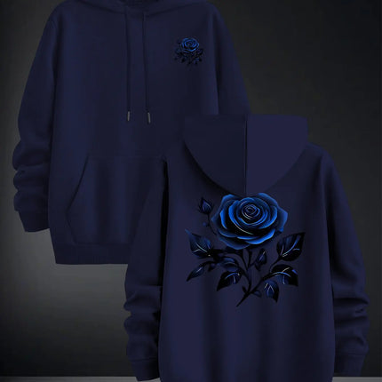 2026 Blue Rose Double Sided Print Hoodie Unisex Long Sleeve Pullover Casual Floral Streetwear Autumn Winter Hooded Sweatshirt