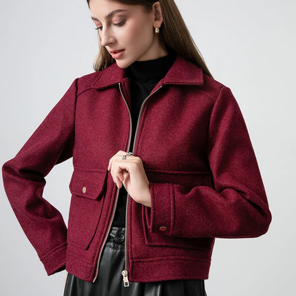 KONDALA Red Bordeaux Loose Jakcets Women Zipper Pockets Short Coats Fashion 2025 Autmn Elegant Bomer Jackets Elegant Outwears