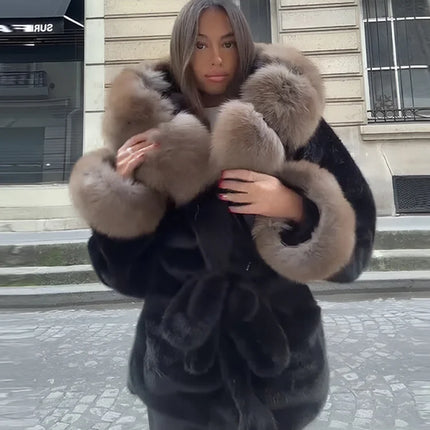 Casual Patchwork Faux Fur Collar Women's Coat Lace Up Pockets Thicken Lady Coats 2026 Autumn Winter Female Street Outerwear