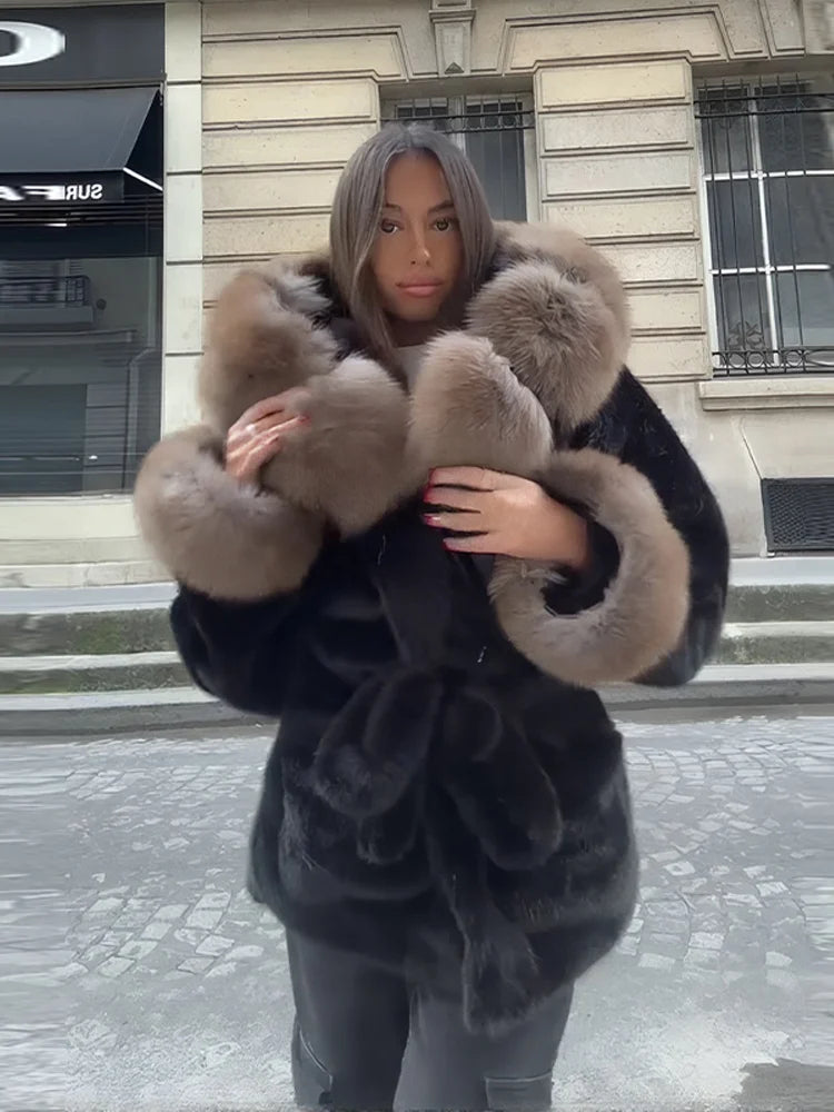 Casual Patchwork Faux Fur Collar Women's Coat Lace Up Pockets Thicken Lady Coats 2026 Autumn Winter Female Street Outerwear