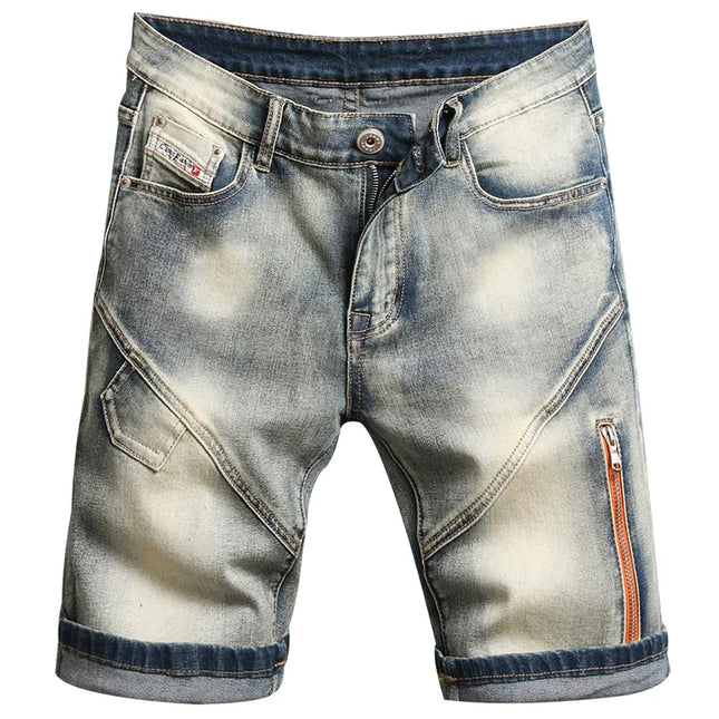 2025 Nuevos pantalones cortos de mezclilla estilo vintage patchwork para hombre, pantalones cortos de moda urbana de cinco puntos, pantalones medios con cremallera para moto, verano