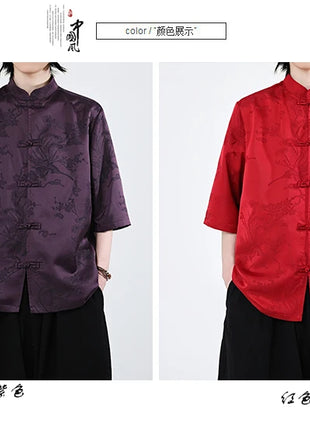 Camicie cinesi Camicia retrò in seta di ghiaccio con motivo floreale scuro Tradizionale Kung Fu Tai Chi Casual Loose Fit Top da uomo traspirante estivo