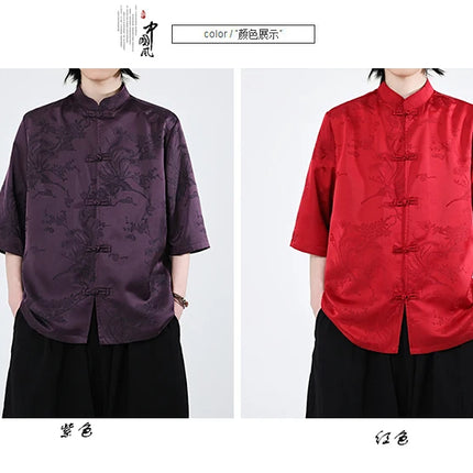 Camicie cinesi Camicia retrò in seta di ghiaccio con motivo floreale scuro Tradizionale Kung Fu Tai Chi Casual Loose Fit Top da uomo traspirante estivo