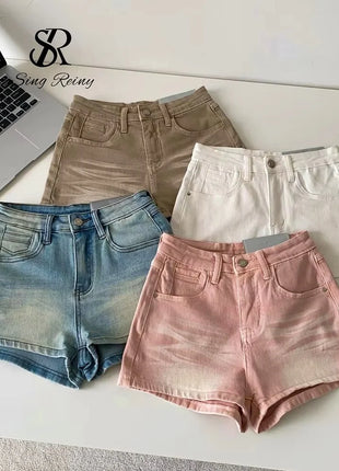 SINGREINY Pantaloncini in denim sfumato da donna, di alta qualità, estetici, casual, comodi, stile americano retrò, basici, da spiaggia