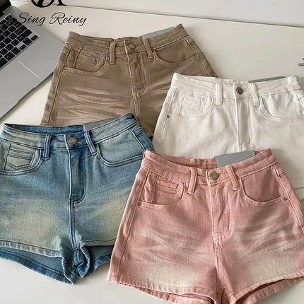 SINGREINY Women's Gradient Denim Shorts, High Quality, Aesthetic, Casual, Comfortable, American Retro Style, Basic, Beach