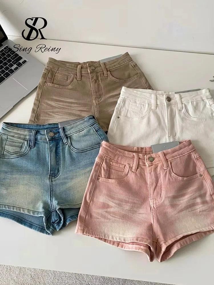 SINGREINY Pantaloncini in denim sfumato da donna, di alta qualità, estetici, casual, comodi, stile americano retrò, basici, da spiaggia