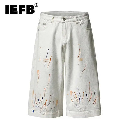 IEFB Niche Pantaloncini in denim da uomo con schizzi di vernice, casual, a gamba larga, alla moda, vestibilità ampia, lunghezza al ginocchio, 9X3271