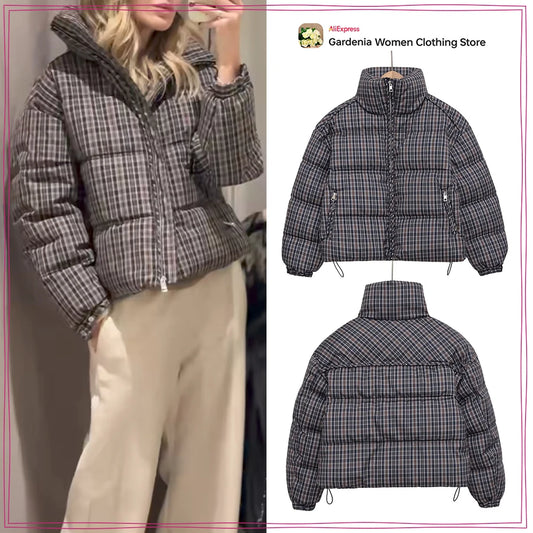New in Winter High Neck Long Sleeves Zippered Coats for Women Brown Plaid Puffer Anorak with Adjustable Hem Comfy Padded Jackets
