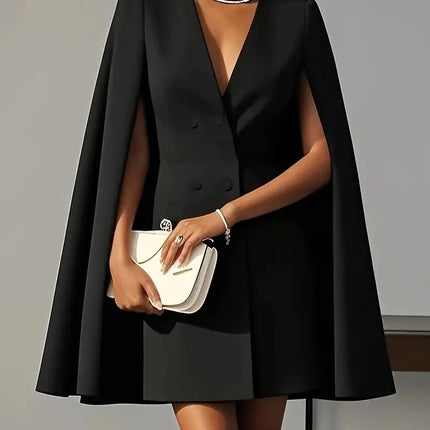 Women Fashion Commuter Solid Blazers Dress Office Double Breasted Waist Party Dress Elegant V-neck Shawl Cape Sleeve Midi Dress