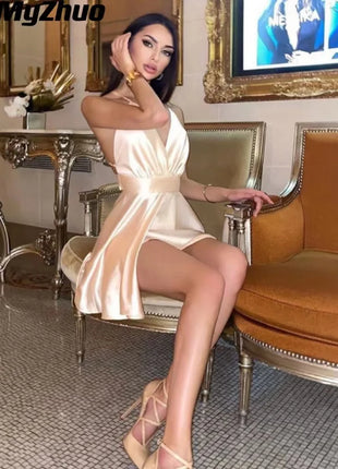 2023 Sexy robe de soirée moulante sans manches à dos nu pour femme élégante, col en V, mini-robe courte et moulante