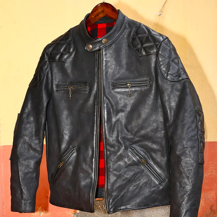 Genuine Leather Jacket Men Black Biker Coat Warm Windproof Snap Collar Zip Pockets Vintage Motorcycle Jacket Autumn Winter