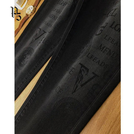 Spring and Autumn Korean Slim Jeans for Men 2025 High-end Luxury Clothing Black Printing Mid-waist Stretch Casual Pencil Pants PlatiNum
