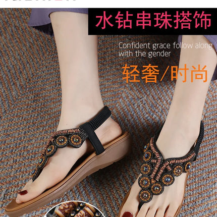 New 2026 Women's Summer Bohemian Style Sandals, Flip-Flop Design with Beaded and Rhinestone Buckle, Elastic Heel Strap, Comfortable Everyday Shoes