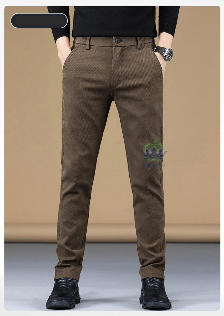 Autumn Winter Cotton Fabric Stretch Casual Pants Men Slim Fit Grey Black Korea Work Classic Brown Cargo Trousers Male 28-38