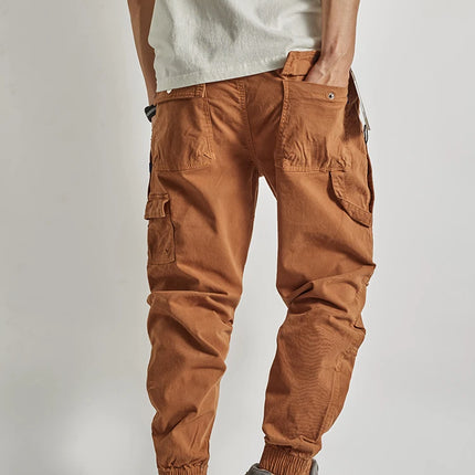 Autumn New American Retro Woven Cargo Pants Men's 97.5% Cotton Washed Elastic Waist Drawstring Loose Casual Anke-tied Trousers